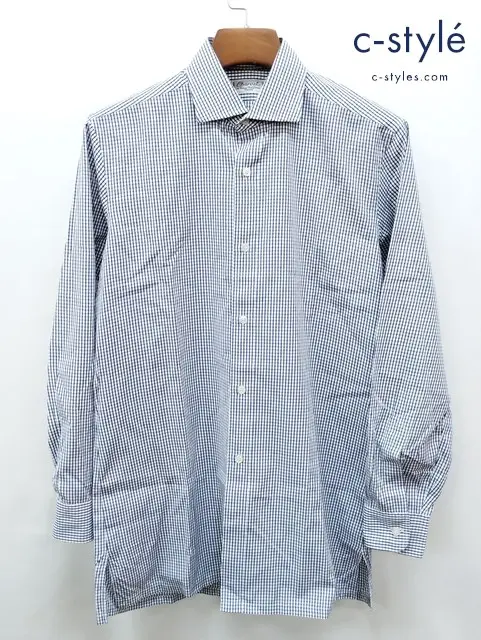 Charvet シャルベ シャツ 38 ブルー系 長袖 チェック柄 フランス製 綿100%