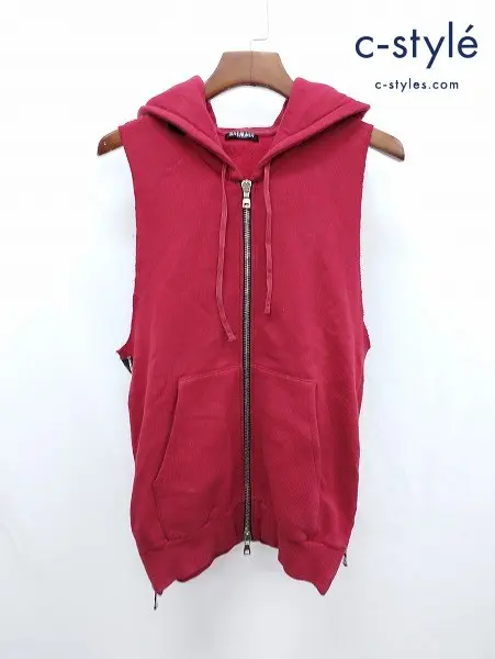 BALMAIN バルマン ノースリーブジップアップパーカー S レッド S1HJ604I515