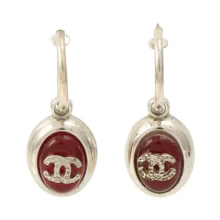ヴィンテージ シャネル(VINTAGE CHANEL) 2000 CCマーク オーバルカラーストーン ダングルピアス、ボルドー/シルバー