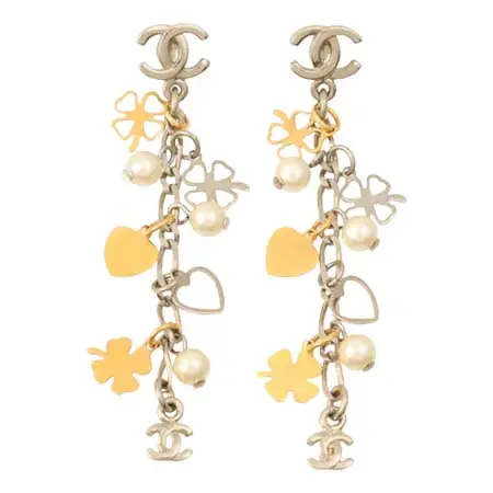 ヴィンテージ シャネル(VINTAGE CHANEL) 2008年 CCマーク ハートクローバーモチーフ ドロップピアス シルバー/ゴールド