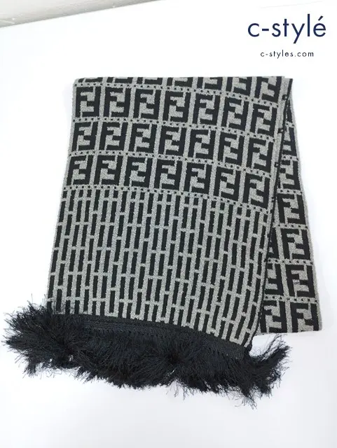 FENDI フェンディ ウールマフラー ブラック×グレー ズッカ柄 イタリア製