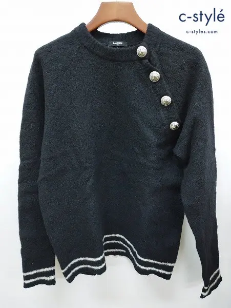 BALMAIN バルマン クルーネックセーター S ブラック ボタンアップ カシミヤ混 KD037KC55