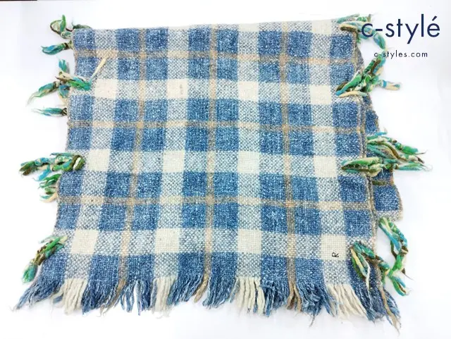 45R フォーティファイブアール 大判ストール ブルー系×アイボリー系 チェック柄 ニット 刺繍