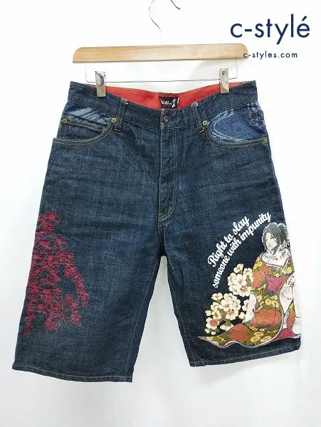 抜刀娘 バットウムスメ ハーフデニムパンツ 34 インディゴ 和柄 DIVINE RETRIBUTION 刺繍 C222364
