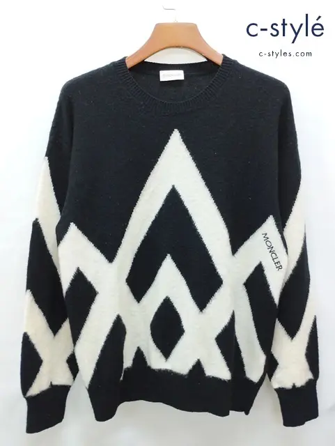 MONCLER モンクレール セーター M ブラック×ホワイト GIROCOLLO TRICOT ウール100% C-TIND-21-826