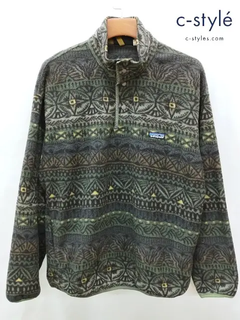 Patagonia パタゴニア フリースプルオーバー L グリーン系 総柄 USA製 Synchilla Snap-T Pullover