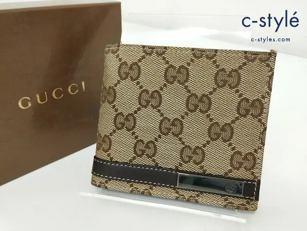 GUCCI グッチ 二つ折り財布 茶系 GGキャンバス レザー