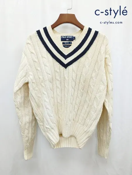 POLO SPORT ポロスポーツ セーター M クリーム系 コットン100% Vネック チルデンニット HAND KNIT 手編み