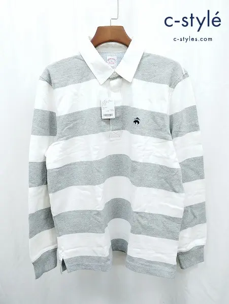 Brooks Brothers ブルックスブラザーズ トップス XL グレー×ホワイト ボーダー 長袖 ラグビーシャツ