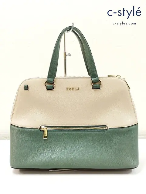FURLA フルラ ショルダーバッグ ベージュ系×グリーン系 レザー アレックスドーム 2WAY ハンドバッグ
