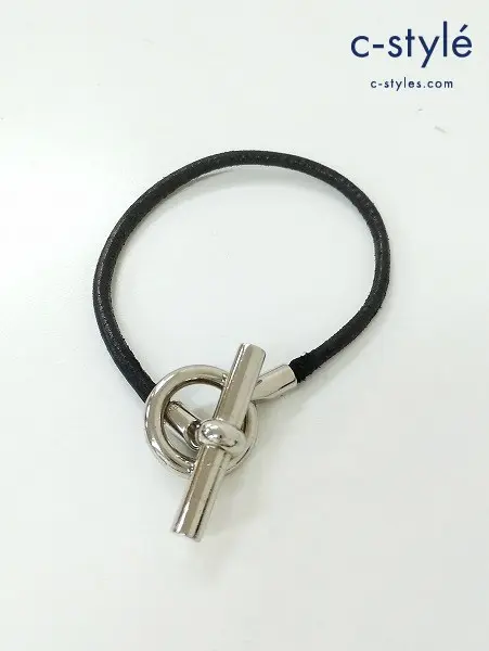 HERMES エルメス レザーブレスレット ブラック×シルバー グレナン