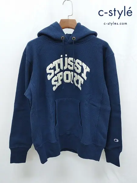 STUSSY×Champion ステューシー×チャンピオン パーカー L ネイビー リバースウィーブ SPORT C8-L126