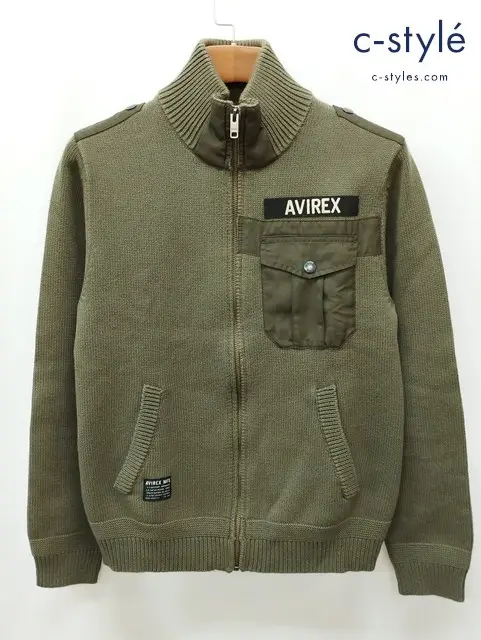 AVIREX アヴィレックス ニットジャケット M カーキ 綿100% U.S.NAVY ジップアップ ブルゾン 6164022