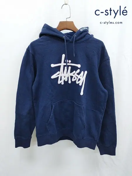 Stussy ステューシー パーカー M ネイビー 綿100% ロゴ 刺繍 スウェット フーディ
