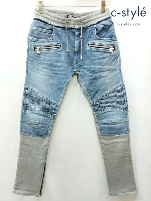 BALMAIN バルマン デニム切替バイカースウェットパンツ XS インディゴ×グレー 日本製