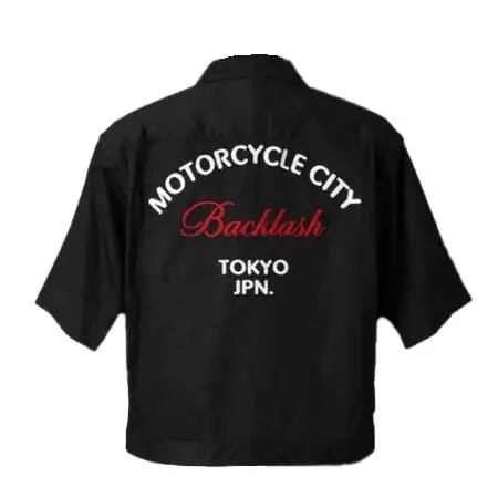 ISAMU KATAYAMA BACKLASH (イサムカタヤマバックラッシュ) HIGH DENSITY CHINO OPEN COLLAR SHIRT H/S “BACKLASH TYO JPN. EMB” 2197-01