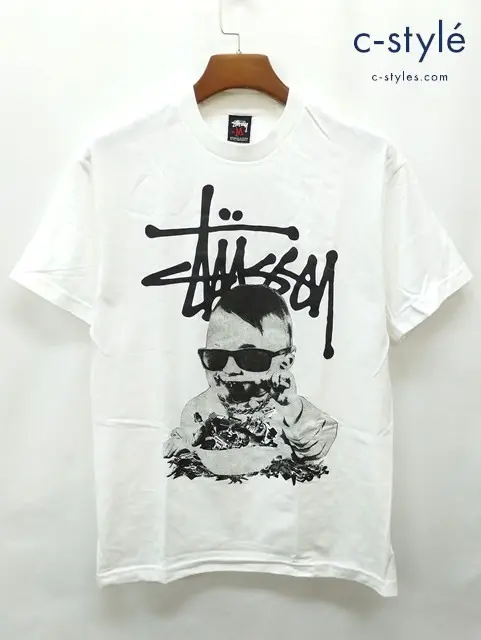STUSSY ステューシー Tシャツ M ホワイト 半袖 綿100% プリント Rock Baby Boy Tee