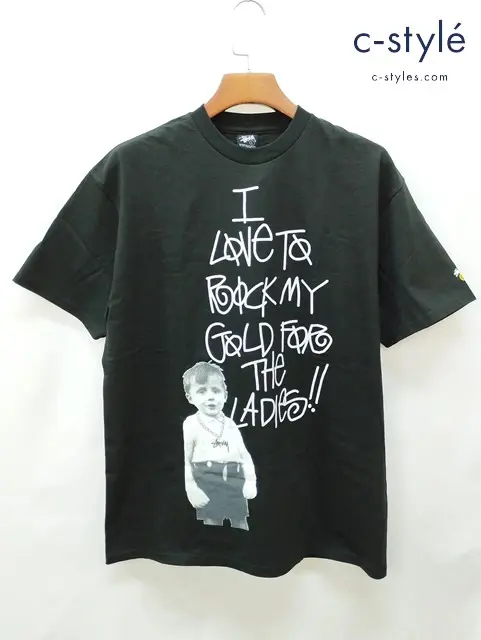 STUSSY ステューシー Tシャツ L ブラック 綿100% プリント I Love To Rock My Gold For The Ladies Tee