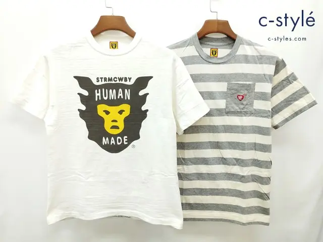 HUMAN MADE ヒューマンメイド Tシャツ S グレー×アイボリー系 M ホワイト ボーダー 綿100% 日本製