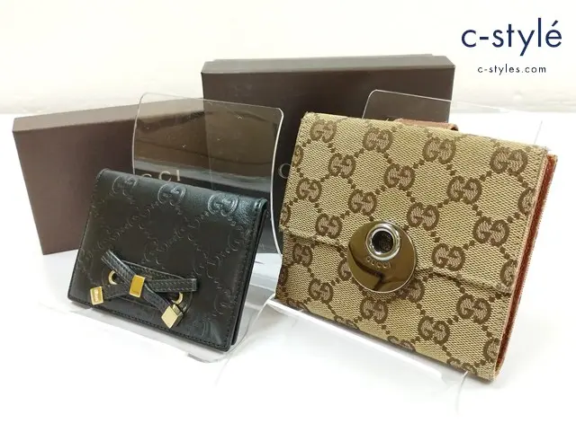 GUCCI グッチ 財布 カードケース ブラウン系 ブラック シマ 二つ折り ウォレット 計2点