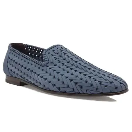 マノロ ブラニク(MANOLO BLAHNIK)   MARIO Light Blue Nubuck Woven Loafers