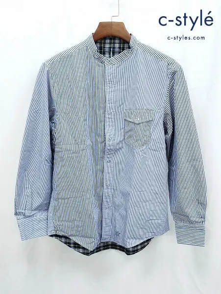 J.PRESS ジェイプレス 長袖シャツ L ブルー×ホワイト ストライプ チェック リバーシブル HS-OV-BM-0311