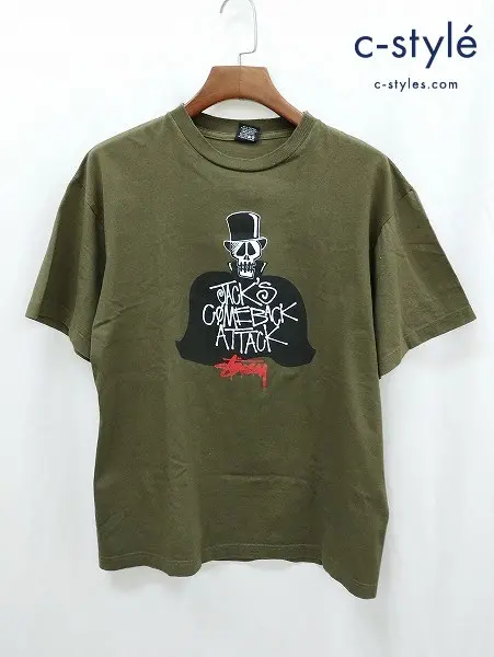 STUSSY ステューシー Tシャツ L カーキ系 半袖 綿100% プリント JACK’S COME BACK ATTACK