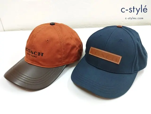 COACH コーチ キャップ OS ネイビー オレンジ×ブラウン レザー 牛革 帽子 NEW YORK