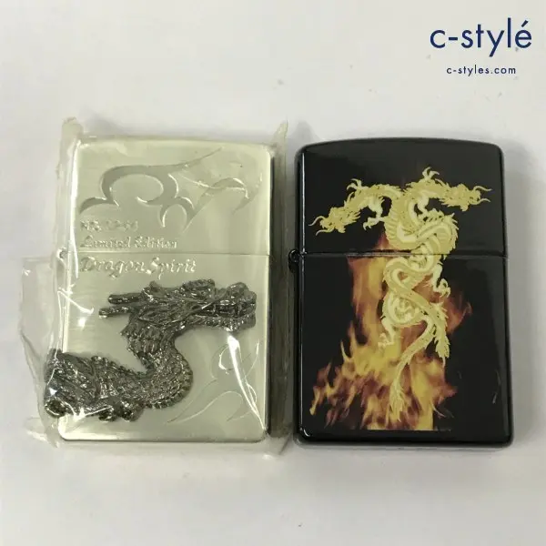 ZIPPO ジッポー オイルライター Dragon Spirit 2面メタル シルバー 龍 ドラゴン ブラック ’02 計2点